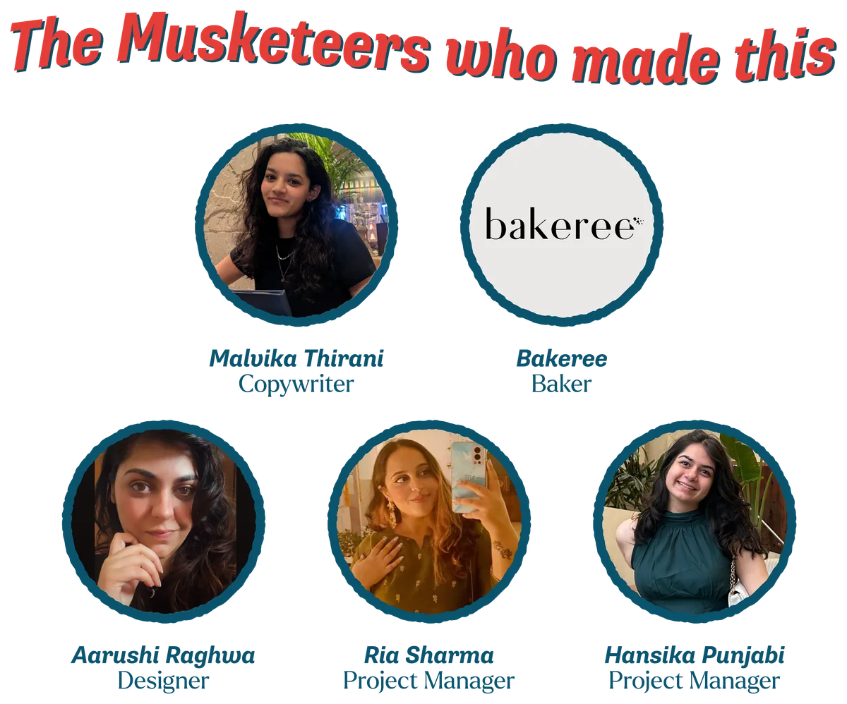 The Musketeers who made this — Malvika Thirani (Copywriter), Bakeree (Baker), Aarushi Raghwa (Designer), Ria Sharma (Project Manager), Hansika Punjabi (Project Manager)